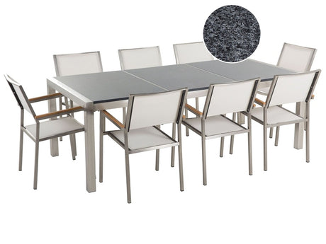 Garden Dining Set White with Grey Granite Table Top 8 Seats 220 x 100 cm Beliani