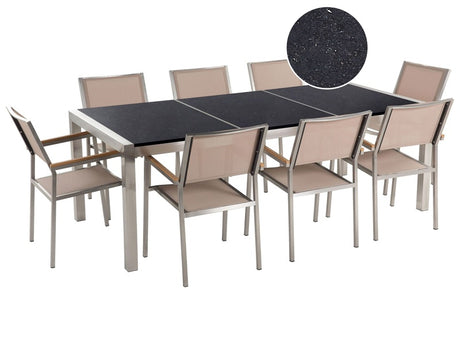 Garden Dining Set Beige with Black Granite Table Top 8 Seats 220 x 100 cm Triple Plate Beliani