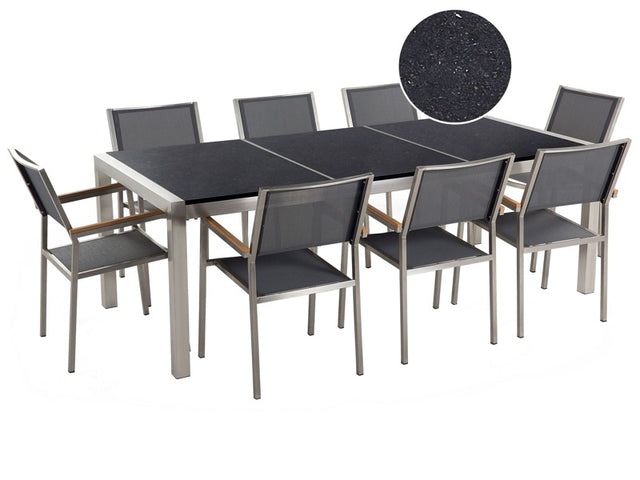 Garden Dining Set Grey with Black Granite Table Top 8 Seats 220 x 100 cm Triple Plate Beliani