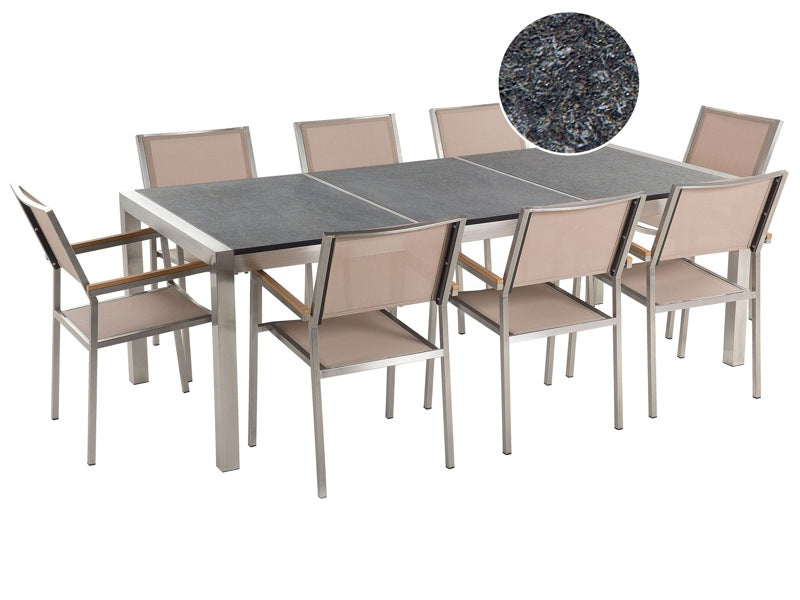 Garden Dining Set Beige with Flamed Granite Table Top 8 Seats 220 x 100 cm Beliani