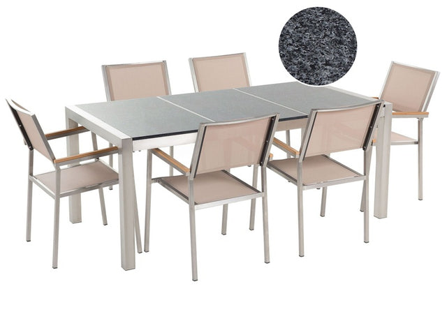 Garden Dining Set Beige with Grey Granite Table Top 6 Seats 180 x 90 cm Triple Plate Beliani