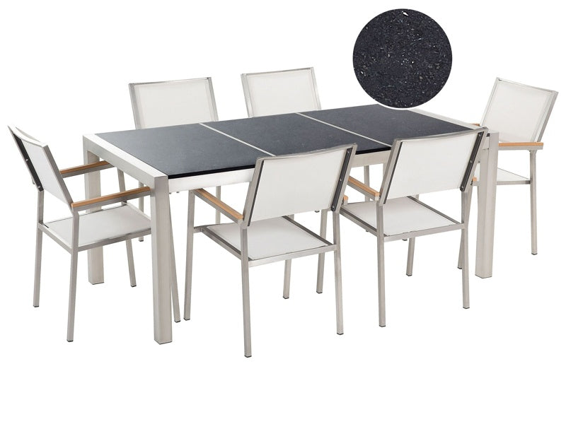 Garden Dining Set White with Black Granite Table Top 6 Seats 180 x 90 cm Triple Plate Beliani