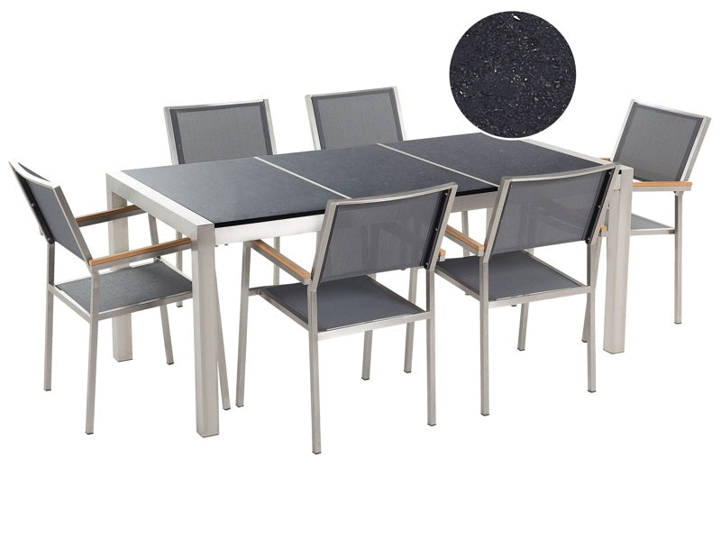 Garden Dining Set Grey with Black Granite Table Top 6 Seats 180 x 90 cm Triple Plate Beliani