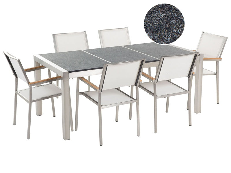 Garden Dining Set White with Flamed Basalt Table Top 6 Seats 180 x 90 cm Triple Plate Beliani