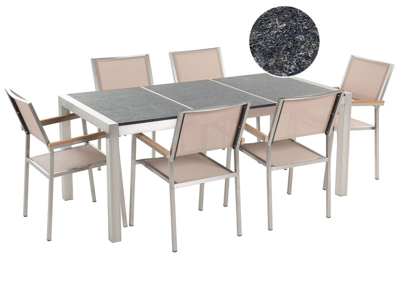 Garden Dining Set Beige with Flamed Basalt Table Top 6 Seats 180 x 90 cm Triple Plate Beliani