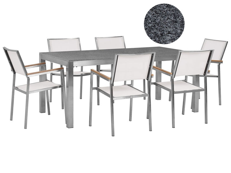 Garden Dining Set White with Grey Granite Table Top 6 Seats 180 x 90 cm Beliani