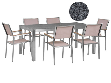 Garden Dining Set Beige with Grey Granite Table Top Rattan Chairs 6 Seats 180 x 90 cm Beliani