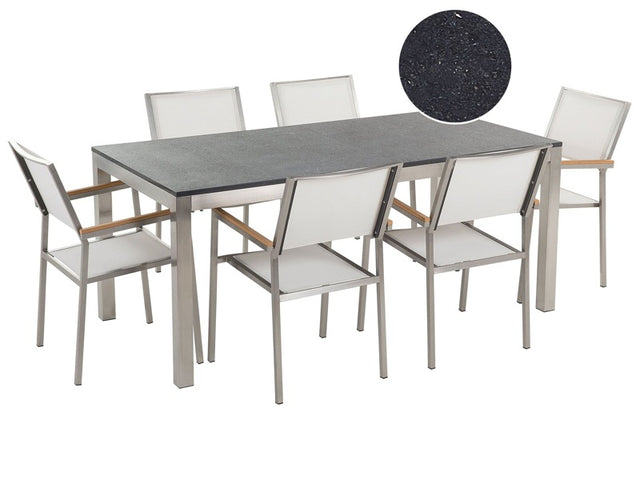 Garden Dining Set White with Black Granite Table Top 6 Seats 180 x 90 cm Beliani