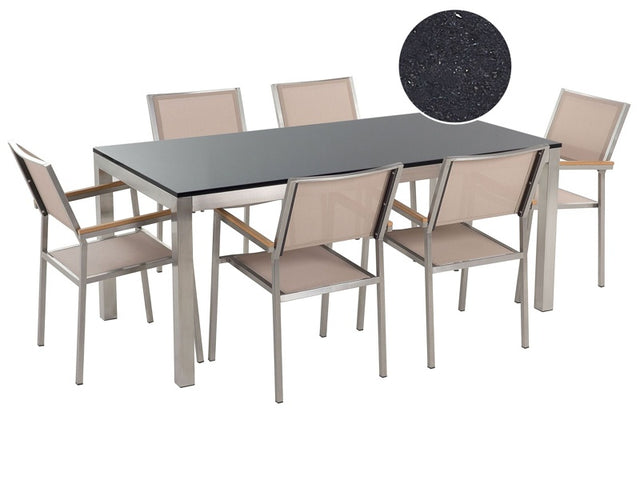 Garden Dining Set Beige with Black Granite Table Top 6 Seats 180 x 90 cm Beliani