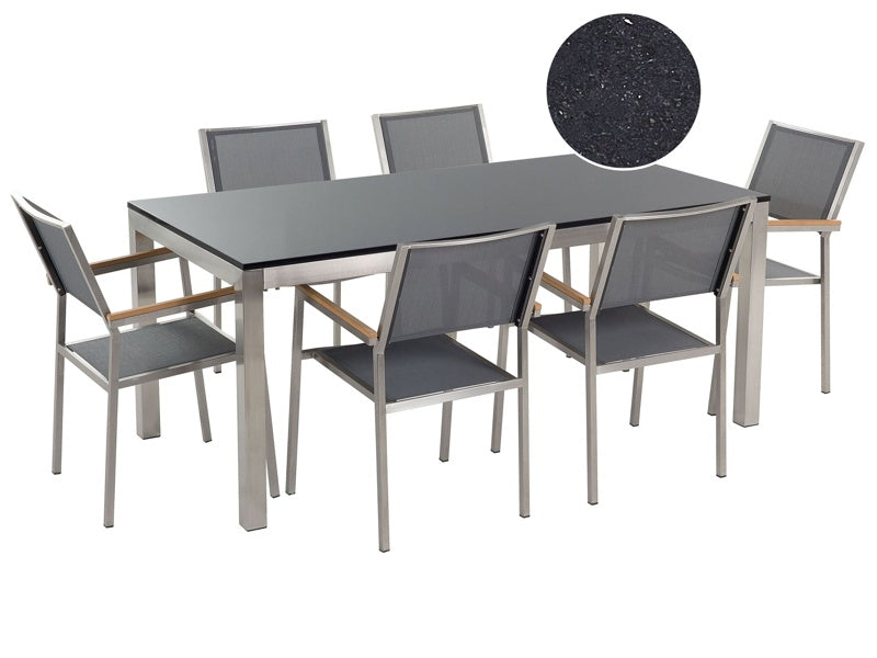 Garden Dining Set Grey with Black Granite Table Top 6 Seats 180 x 90 cm Beliani