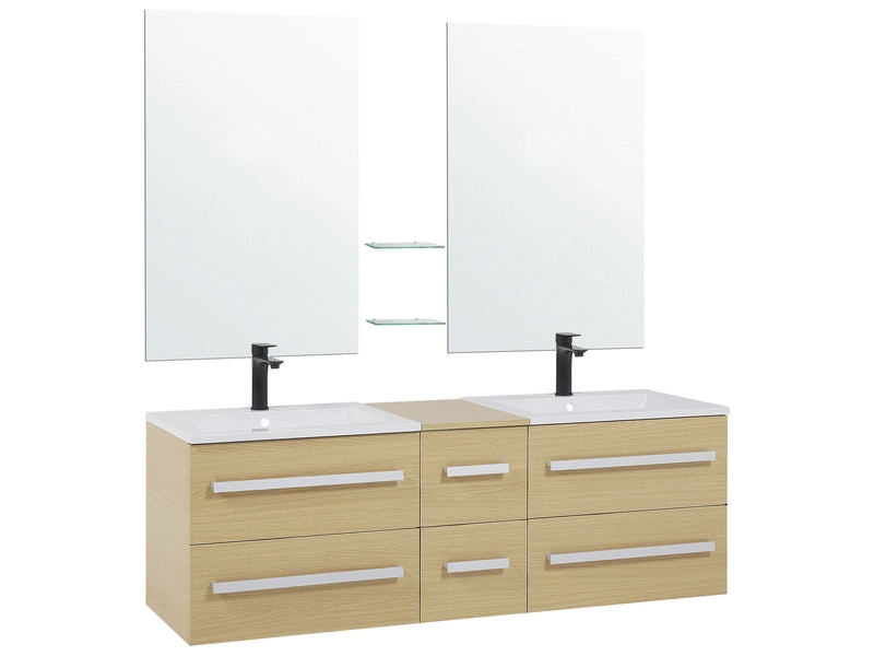 Bathroom Vanity Unit Light Wood Drawers Two Mirrors Modern Beliani