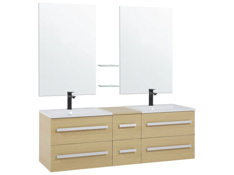 Bathroom Vanity Unit Light Wood Drawers Two Mirrors Modern Beliani