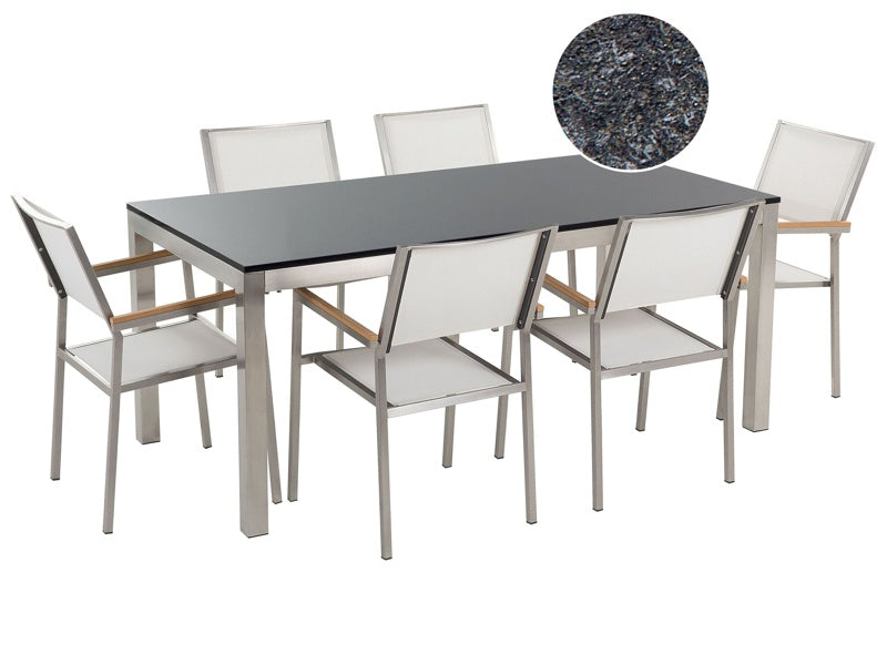 Garden Dining Set White with Flamed Granite Table Top 6 Seats 180 x 90 cm Beliani