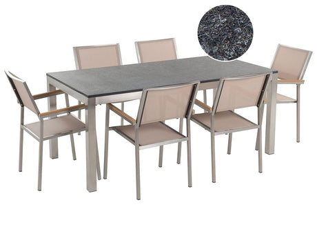 Garden Dining Set Beige with Flamed Granite Table Top 6 Seats 180 x 90 cm Beliani