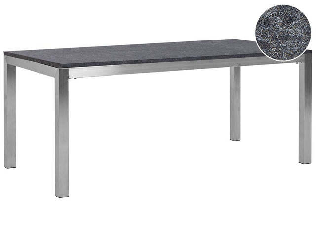 Garden Dining Table Grey and Silver Granite Table Top Stainless Steel Legs Outdoor Resistances 6 Seater 180 x 90 x 74 cm Beliani