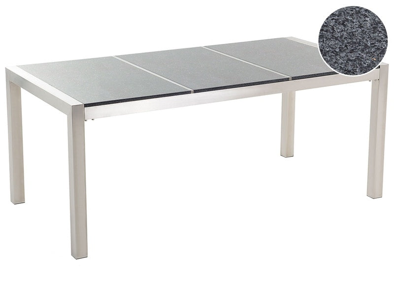 Garden Dining Table Grey and Silver Granite Table Top Stainless Steel Legs Outdoor Resistances 6 Seater 180 x 90 x 74 cm Beliani