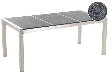 Garden Dining Table Grey and Silver Granite Table Top Stainless Steel Legs Outdoor Resistances 6 Seater 180 x 90 x 74 cm Beliani