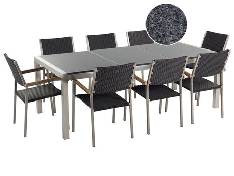 Garden Dining Set Black with Grey Granite Table Top Rattan Chairs 8 Seats 220 x 100 cm Beliani