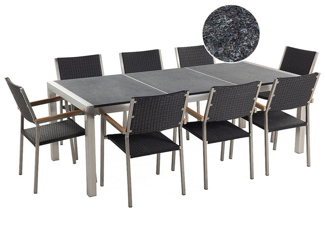 Garden Dining Set Black with Flamed Granite Table Top Rattan Chairs 8 Seats 220 x 100 cm Beliani