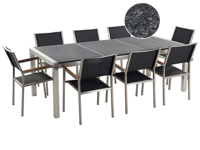 Garden Dining Set Black with Flamed Granite Table Top 8 Seats 220 x 100 cm Beliani