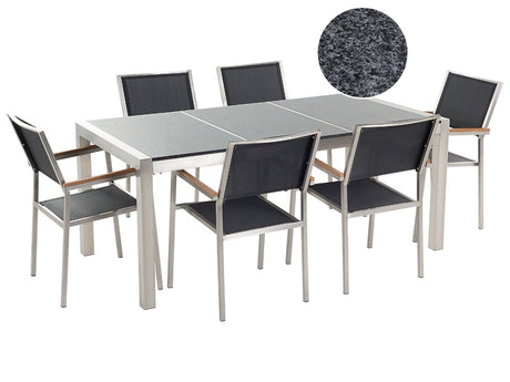 Garden Dining Set Black with Grey Granite Table Top 6 Seats 180 x 90 cm Beliani