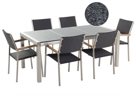 Garden Dining Set Black with Black Granite Table Top Rattan Chairs 6 Seats 180 x 90 cm Beliani