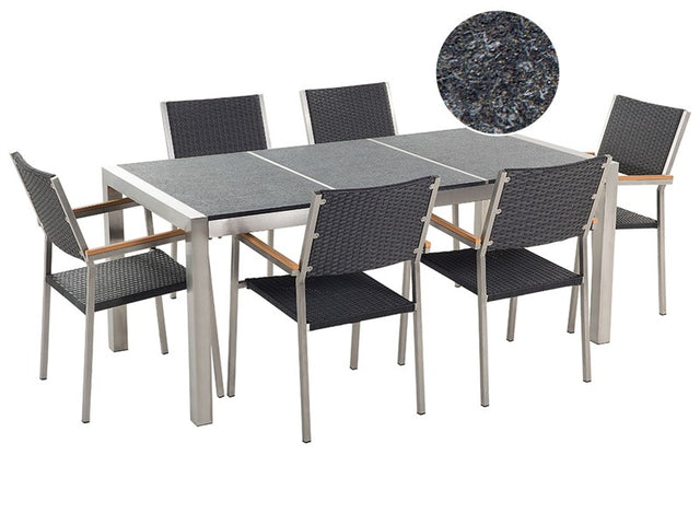 Garden Dining Set Black with Black Basalt Table Top Rattan Chairs 6 Seats 180 x 90 cm Beliani