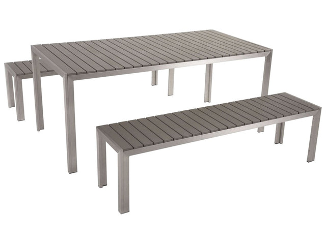 Garden Dining Set Grey Outdoor 3 Piece Rectangular Table 2 Benches Brushed Aluminium Frame Beliani