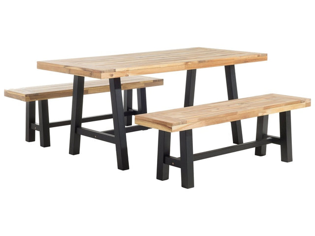 Garden Dining Set Light Wood Top Black Legs Outdoor 3 Pieces Acacia Wood Rectangular Table 2 Benches Beliani