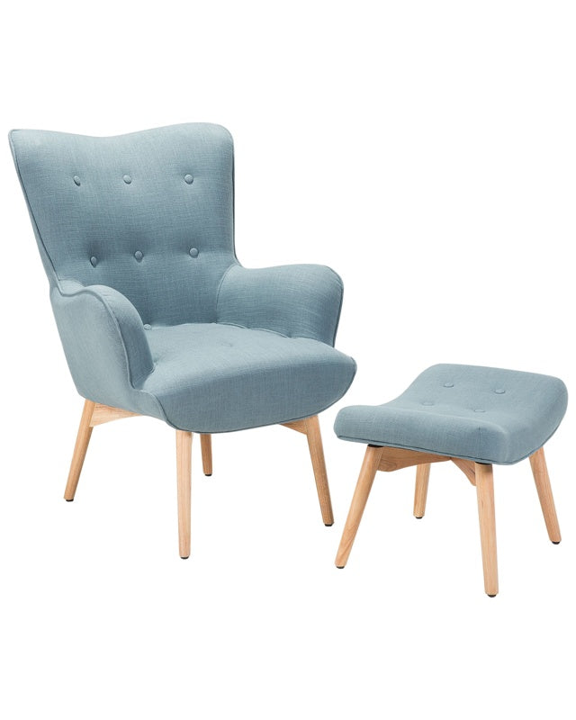 Wingback Chair with Ottoman Light Blue Fabric Buttoned Retro Style Beliani