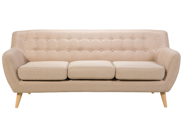 3 Seater Sofa Beige Upholstered Tufted Back Thickly Padded Light Wood Legs Scandinavian Minimalistic Living Room Beliani