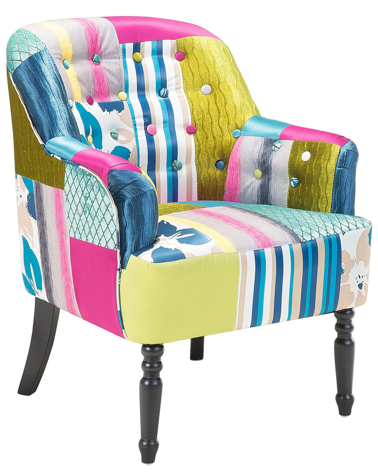 Armchair Multicolour Blue Fabric Patchwork Club Chair Button Tufted Wooden Legs Beliani