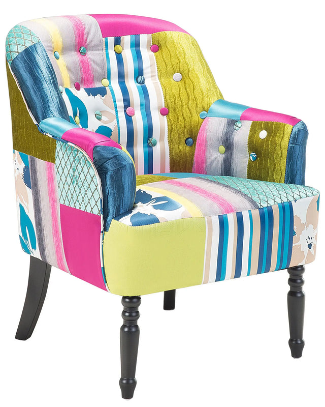 Armchair Multicolour Blue Fabric Patchwork Club Chair Button Tufted Wooden Legs Beliani