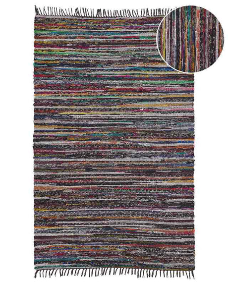 Area Rug Dark Multicolour Cotton Polyester 140 x 200 cm Striped with Fringe Rectangular Handmade Boho Eclectic Beliani