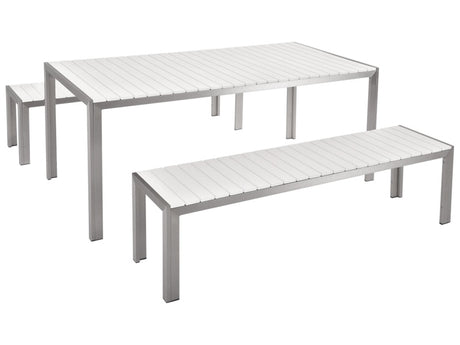 Garden Dining Set White Outdoor 3 Piece Rectangular Table 2 Benches Brushed Aluminium Frame Beliani