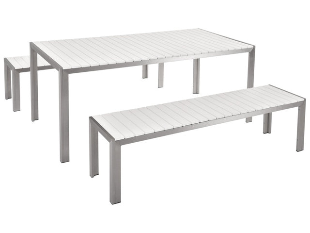 Garden Dining Set White Outdoor 3 Piece Rectangular Table 2 Benches Brushed Aluminium Frame Beliani