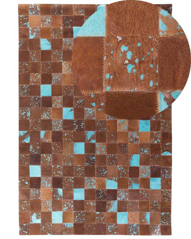 Rug Brown and Blue Leather 140 x 200 cm Cowhide Hand Crafted Beliani