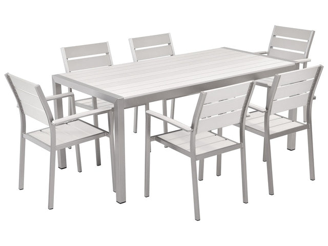 Garden Dining Set White Rectangular Table Chairs Outdoor 6 Seater Plastic Wood Top Aluminium Frame Beliani