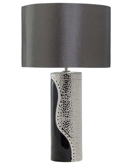 Table Lamp Silver Ceramic Pillar Base Faux Silk Drum Shade Bedside Table Lamp Beliani