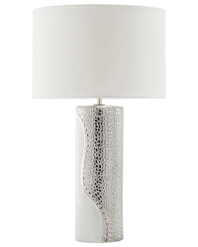 Table Lamp White Ceramic Pillar Base Faux Silk Drum Shade Bedside Table Lamp Beliani