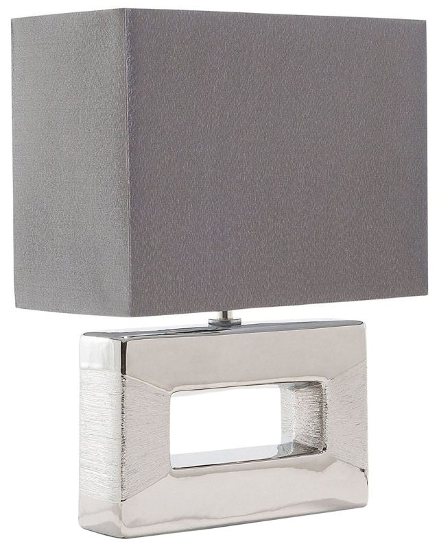 Table Lamp Silver Porcelain Base Grey Faux Silk Rectangular Shade 42H cm Bedside Table Lamp Beliani