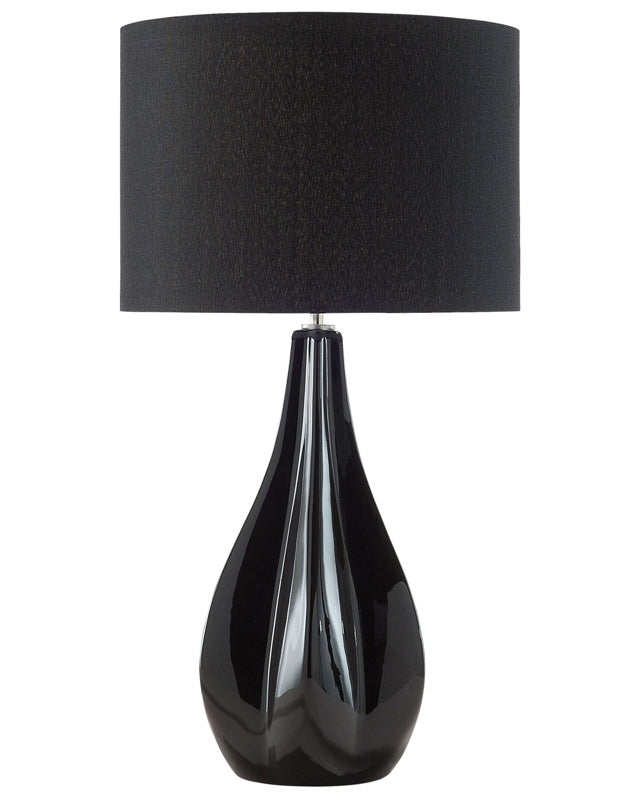 Table Lamp Black Porcelain Faux Silk Drum Shade 60H cm Glamour Living Room Beliani