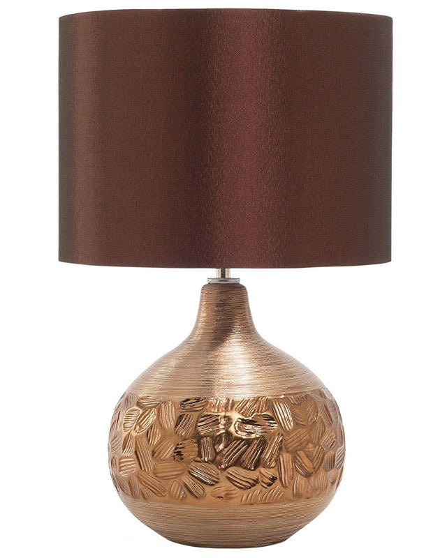 Table Lamp Brown Porcelain Faux Silk Drum Shade 43H cm Traditional Living Room Beliani