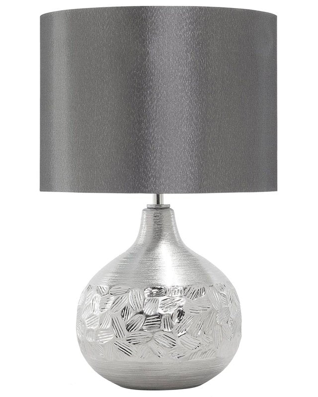 Table Lamp Silver Porcelain Grey Faux Silk Drum Shade 43H cm Traditional Living Room Beliani