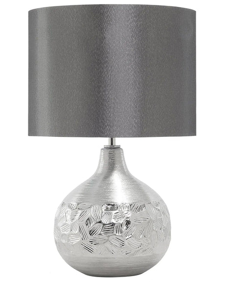 Table Lamp Silver Porcelain Grey Faux Silk Drum Shade 43H cm Traditional Living Room Beliani