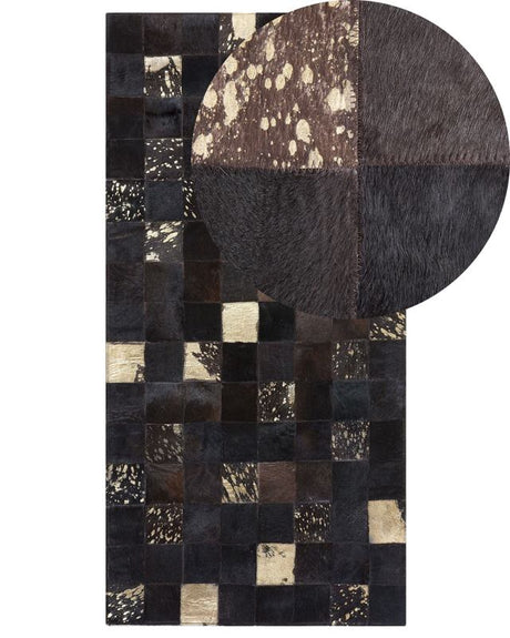 Rug Brown Genuine Leather 80 x 150 cm Cowhide Multiple Squares Hand Crafted Beliani