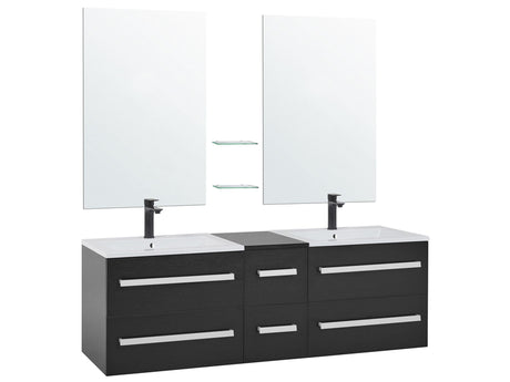 Bathroom Vanity Unit Black and Silver Drawers Two Mirrors Modern Beliani