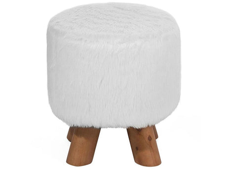 Footstool White Faux Fur Round Shaggy Stool on Wooden Legs Beliani