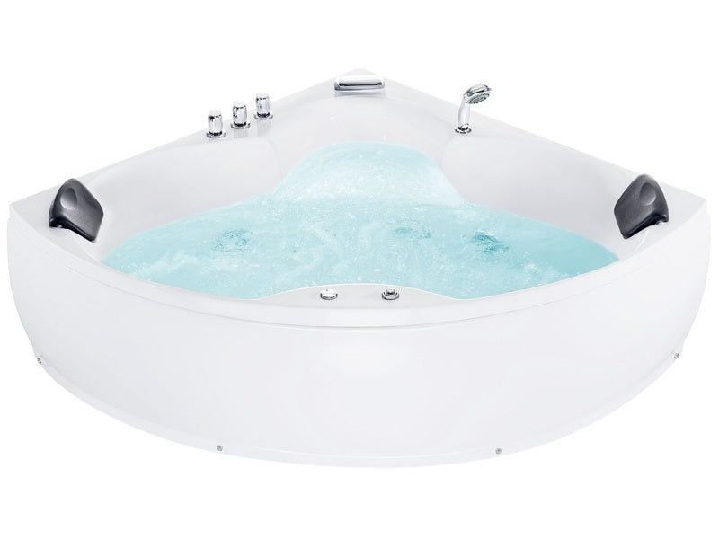 Corner Bath White Acrylic 205 x 163 cm 2 People Massage Jets Headrests Beliani