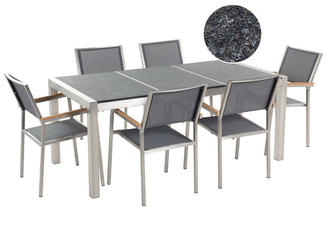 Garden Dining Set Grey with Flamed Basalt Table Top 6 Seats 180 x 90 cm Triple Plate Beliani